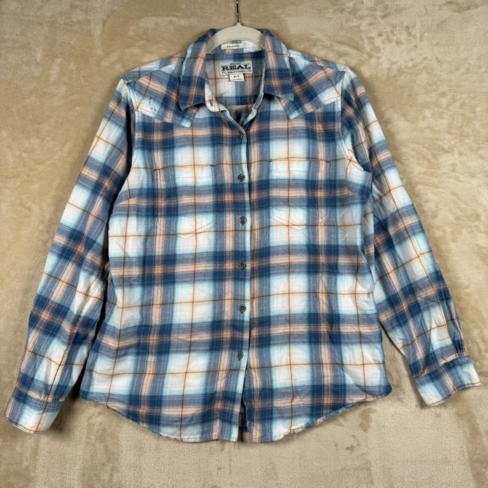Ariat REAL Relaxed Western Plaid Button Down Shirt Blue Orange Womens Medium